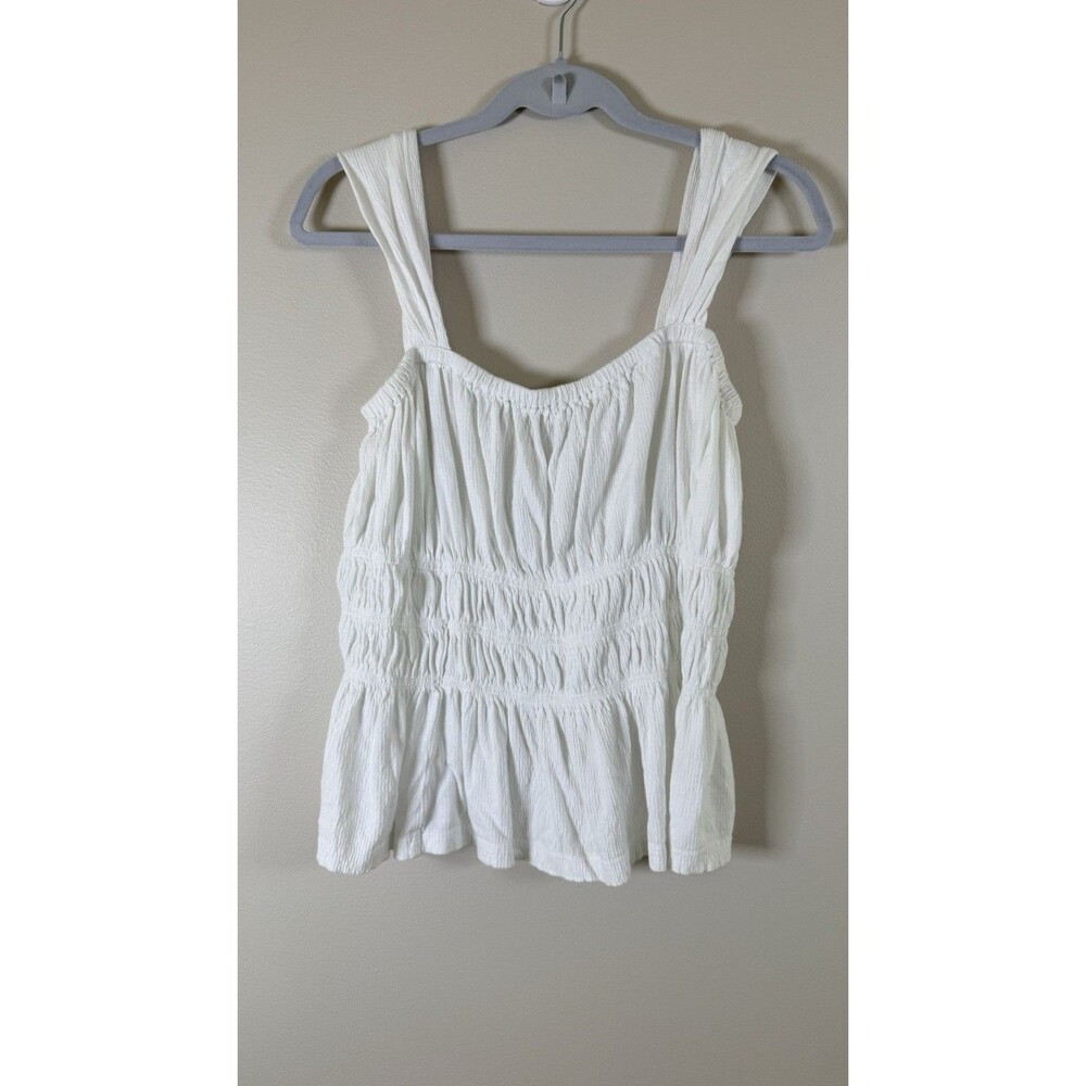 LOFT Womens White Smocked Square Neck Wide Strap Peplum Tank Top - L